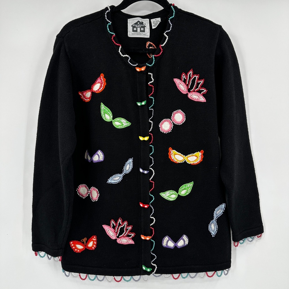 Storybook Knits Mardi Gras Masquerade Beaded Mask Cardigan Sweater Black Mens M